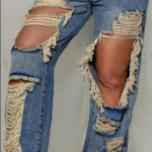 Street Vintage Slant Pocket Distressed Frayed Ripped Cut Out Straight Leg Jeans Casual Comfort Denim Pants